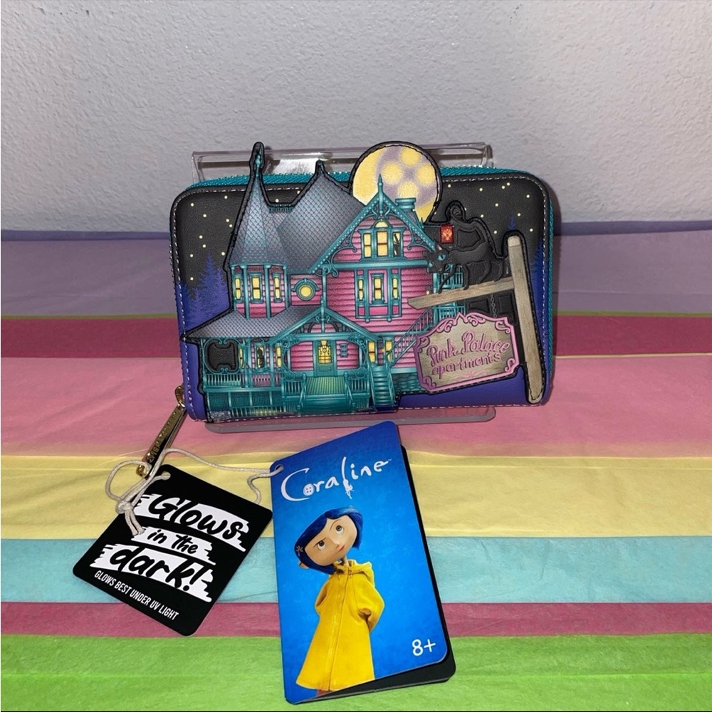 Loungefly Laika Coraline GITD Pink Palace House Mini Backpack and Wallet Set - Picture 10 of 16